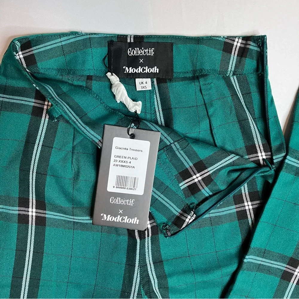 SOLD Collectif x Modcloth Giacinta Green Plaid Wide Leg Trousers High Rise - Picture 9 of 10